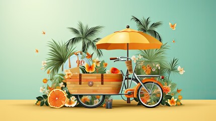 Colorful illustration of a parked bicycle decorated with tropical fruits and flowers