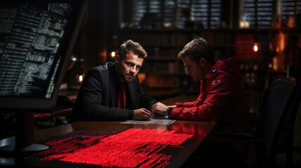 Two focused men engage in a serious discussion over digital data in a dimly lit security room