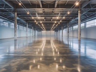 Naklejka premium An expansive, empty industrial warehouse with a polished concrete floor, high ceilings, and large windows