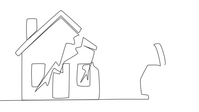 Animation of single one line drawing young astronaut preparing to hit the miniature house. Metaphor of house as collateral for payment. Fails. Home is gone. Bankrupt. Full length motion