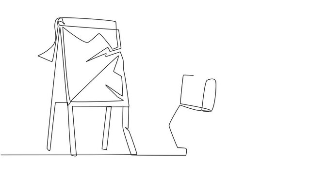 Self drawing animation of single one line drawing young astronaut preparing to hit the big flip chart. Rampage. Destroy business reports that are not as desired. Anger exploded. Full length animated