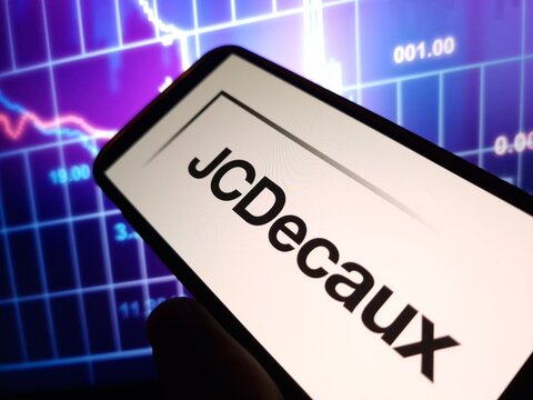 Konskie, Poland - May 29, 2024: JCDecaux company logo displayed on mobile phone