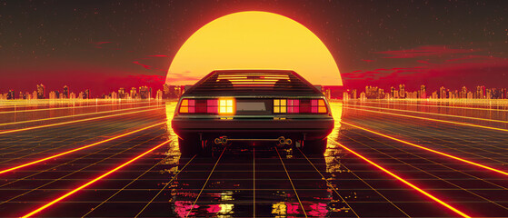 Artistic, aesthetic 90s car on neon laser gridlines driving towards sunset horizon. 3D 80s retro wave, futuristic, clear, simple, beautiful, isolated, futurism, background, template