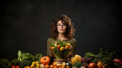 Whimsical portrait of a surprised woman surrounded by colorful vegetables