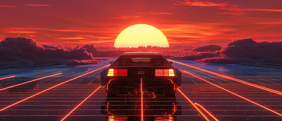 Artistic, aesthetic 90s car on neon laser gridlines driving towards sunset horizon. 3D 80s retro wave, futuristic, clear, simple, beautiful, isolated, futurism, background, template, mirrored floor
