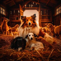 A cozy barn scene with various dog breeds sitting on hay surrounded by peaceful farm animals bathed in warm sunlight.