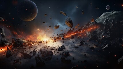 Naklejka premium Dramatic outer space scene with asteroids, planets, and glowing debris