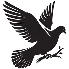 Fototapeta premium Dove silhouette - flying bird isolated on a white background. Pigeon with wings black sign. Flat design simple style vector illustration.