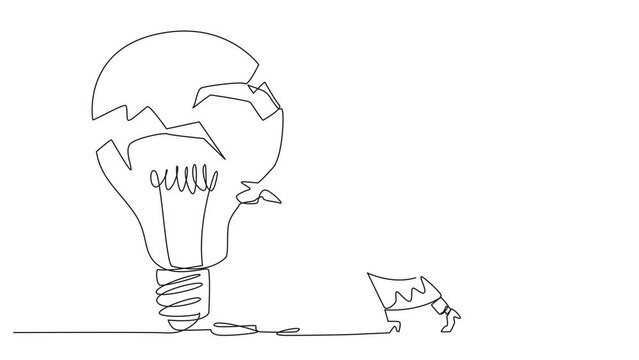 Animation of continuous one line drawing Arab businesswoman preparing to hit big lightbulb. The thrashing anger. Failed to secure a brilliant business idea. Destruction. Full length motion