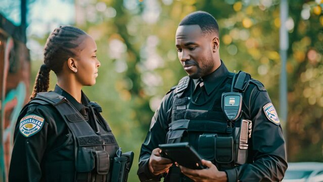 A police officer standing next to a woman, mentoring new recruit, A police officer mentoring a new recruit