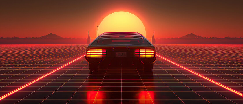 Artistic, aesthetic 90s car on neon laser gridlines driving towards sunset horizon. 3D 80s retro wave, futuristic, clear, simple, beautiful, isolated, futurism, background, template