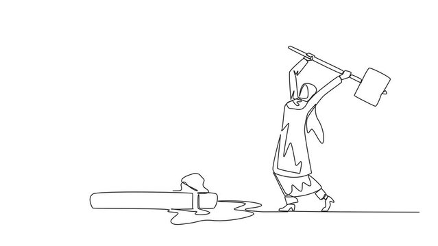 Self drawing animation of one line drawing Arab businesswoman preparing to hit big hourglass. Remove reminder. Work without rules. Undisciplined. Detrimental to the company. Full length animated
