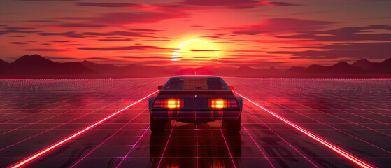 Artistic, aesthetic 90s car on neon laser gridlines driving towards sunset horizon. 3D 80s retro wave, futuristic, clear, simple, beautiful, isolated, futurism, background, template, haze
