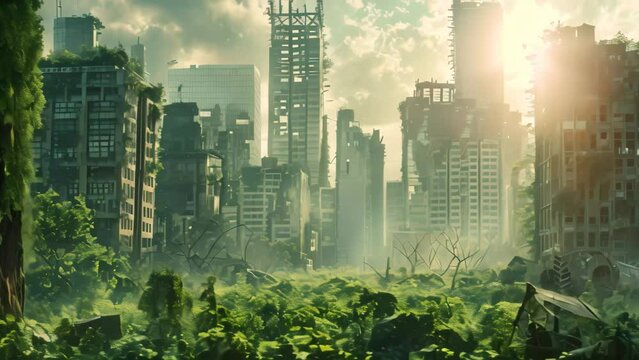 Urban Jungle, A post-apocalyptic city skyline, with crumbling buildings and overgrown vegetation reclaiming the urban landscape