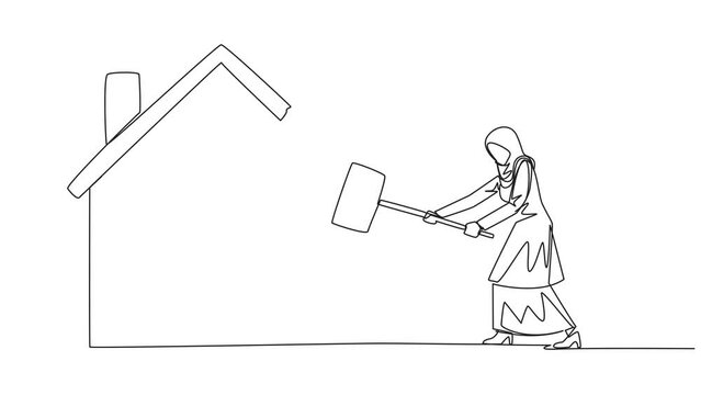 Animated self drawing of single continuous line drawing Arabian businesswoman preparing to hit miniature house. Metaphor of house as collateral for payment. Bankrupt. Full length single line animation
