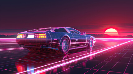 Artistic, aesthetic 90s car on neon laser gridlines driving towards sunset horizon. 3D 80s retro wave, futuristic, clear, simple, beautiful, isolated, futurism, background, template, side on, pink