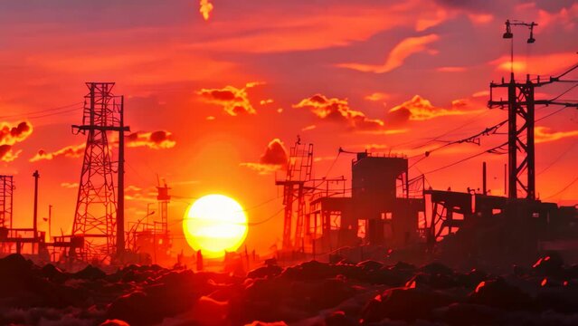 Sun setting over cityscape with prominent power lines, creating an industrial skyline, A post-apocalyptic wasteland with crumbling buildings and mutated creatures