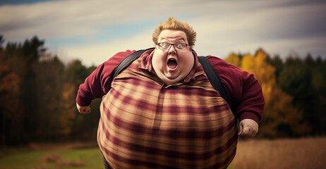 Scared overweight man running and screaming looking in camera generative ai
