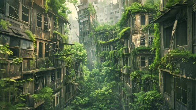 A very tall building covered in numerous trees growing out of it in a postapocalyptic wasteland, A post-apocalyptic wasteland with crumbling buildings and mutated creatures