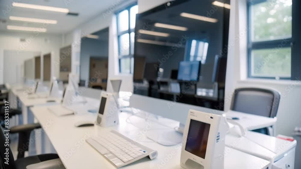 Poster multiple desktop computers lined up neatly on a white desk in a pristine learning environment, a pri