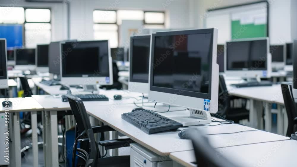 Poster computer monitors lined up neatly on a desk in a pristine learning environment, a pristine learning 