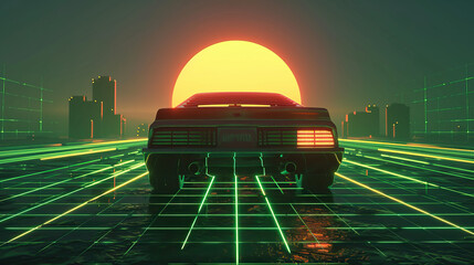 Artistic, aesthetic 90s car on neon laser gridlines driving towards sunset horizon. 3D 80s retro wave, futuristic, clear, simple, beautiful, isolated, futurism, background, template, green, indicator 