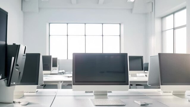 Multiple computer monitors neatly arranged in a row on top of a desk in a learning environment, A pristine learning environment with white computer screens and keyboards