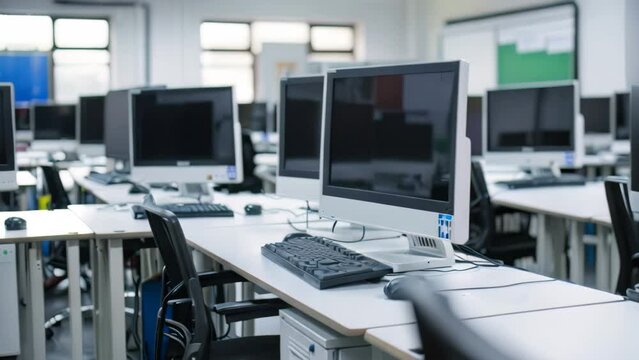 Computer monitors lined up neatly on a desk in a pristine learning environment, A pristine learning environment with white computer screens and keyboards