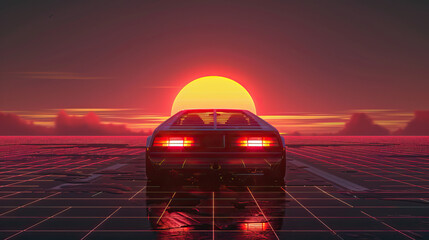 Artistic, aesthetic 90s car on neon laser gridlines driving towards sunset horizon. 3D 80s retro wave, futuristic, clear, simple, beautiful, isolated, futurism, background, template