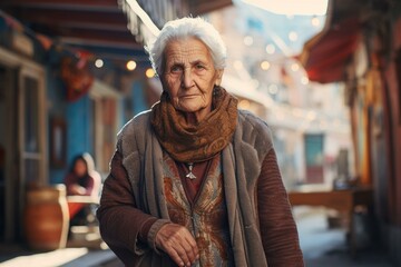 Obraz premium Serene Old Turkish woman in sun light. Aging mature female face summer. Generate Ai