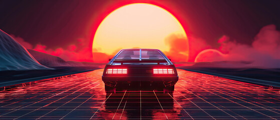 Artistic, aesthetic 90s car on neon laser gridlines driving towards sunset horizon. 3D 80s retro wave, futuristic, clear, simple, beautiful, isolated, futurism, background, template