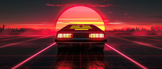 Artistic, aesthetic 90s car on neon laser gridlines driving towards sunset horizon. 3D 80s retro wave, futuristic, clear, simple, beautiful, isolated, futurism, background, template, pink and red