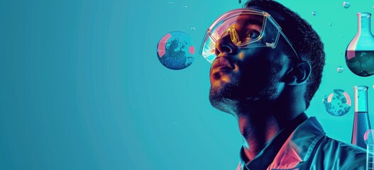 The image shows a man wearing glasses looking up at three glowing blue spheres. He is wearing a black shirt and there are several test tubes and beakers in the background.