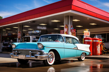 Retro old-fashioned car at gas station. Generative AI