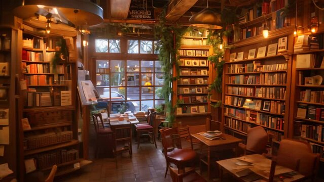 A room packed with numerous books on shelves alongside various furniture pieces, A quaint bookstore with shelves filled with books and cozy reading nooks