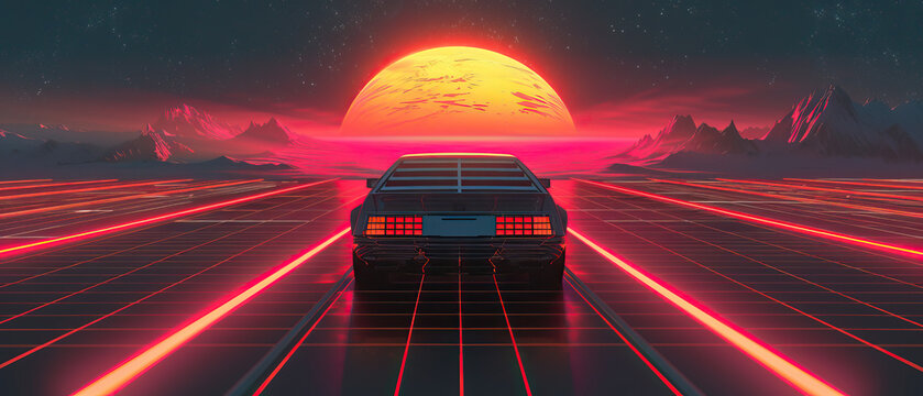 Artistic, aesthetic 90s car on neon laser gridlines driving towards sunset horizon. 3D 80s retro wave, futuristic, clear, simple, beautiful, isolated, futurism, background, template, pink and red
