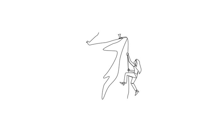 Self drawing animation of single continuous line drawing businesswoman climbs a cliff with the rope. Almost successful. Rudely dropped by a business friend. The worst teamwork. Full length animated