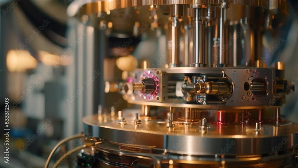 Poster detailed view of a cutting-edge quantum computer featuring a clock on the display, a quantum compute