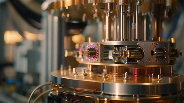 Detailed view of a cutting-edge quantum computer featuring a clock on the display, A quantum computer that represents the next frontier of computational power