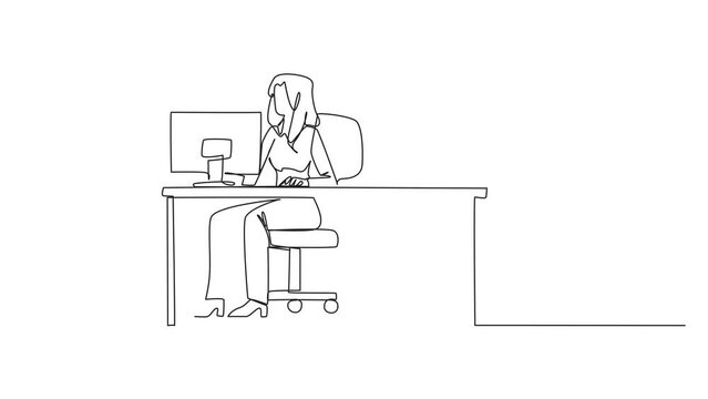 Animated self drawing of single one line drawing businesswoman typing at computer desk. Trapped. A bomb that could explode at any time. Betrayed by a colleague. Full length single line animation