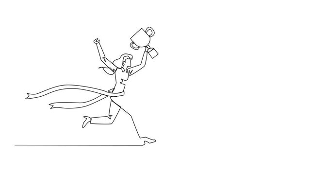 Animation of continuous one line drawing businesswoman running with trophy. Dangerous business trap. Trap that really brings down business. Fake friend. Traitor. Rival. Full length motion