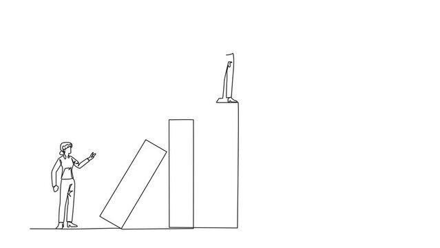 Self drawing animation of single continuous line drawing businesswoman standing on the bar lifting the money bag. Fake partner. Sabotage happiness. The traitor on office. Full length animated