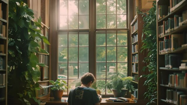 A person standing by a window in a library, surrounded by books, A quiet library corner with a student deep in concentration
