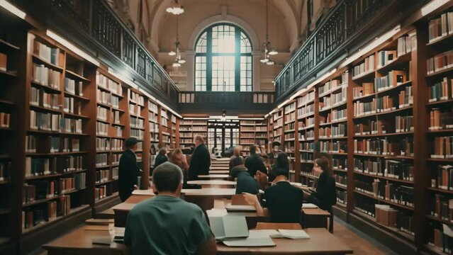 A vast library packed with numerous books on shelves, with students browsing and studying, A quiet library with rows of bookshelves and students studying at tables