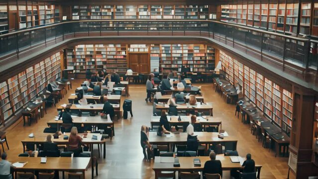 A large library filled with rows of books and study areas for students, A quiet library with rows of bookshelves and students studying at tables