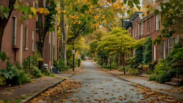 Cobblestone street lined with trees and historic houses, A quiet street with old brick buildings and leafy trees