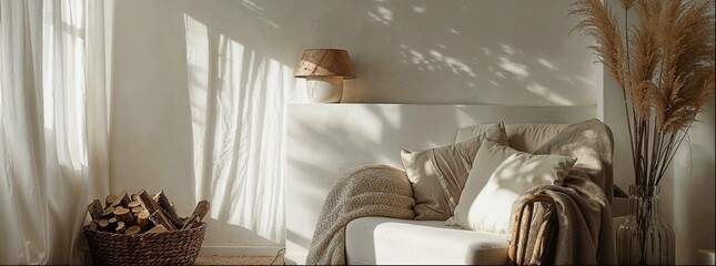 Modern interior design with a light wood color palette, neutral colors, clean lines and a minimalist aesthetic. Natural warm light with long shadows.