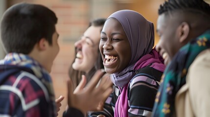 Diverse group of young adults laughing and enjoying a lively conversation, showcasing the joy of multicultural friendships and togetherness.