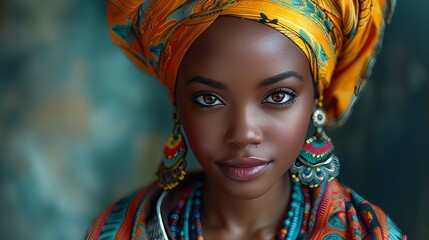 Fototapeta premium Portrait of young beautiful African woman wearing ethnic clothes and jewlery.