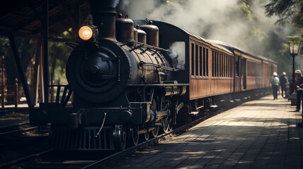 Obraz premium Retro locomotive with steam engine and passengers. Generative AI